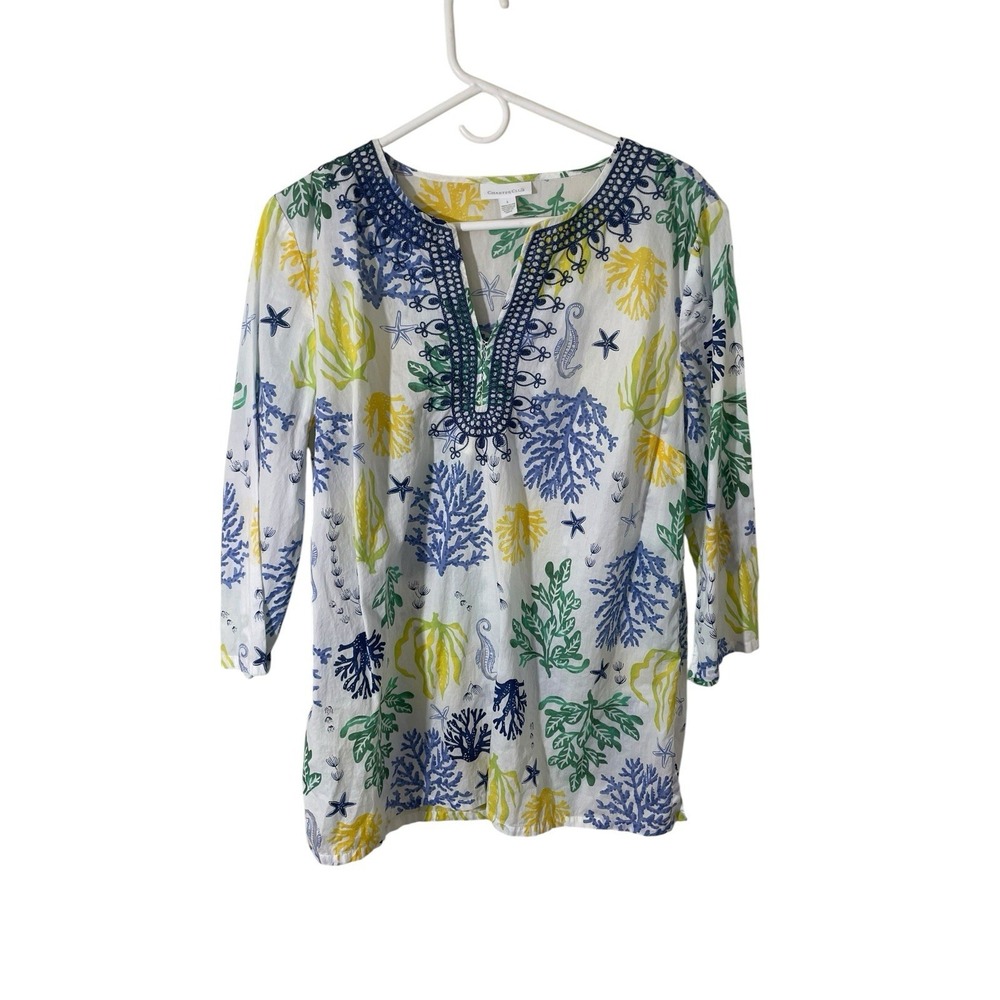 Charter Club Large Coastal Coral Reef Seahorse Embroidered Tunic Cotton Beach